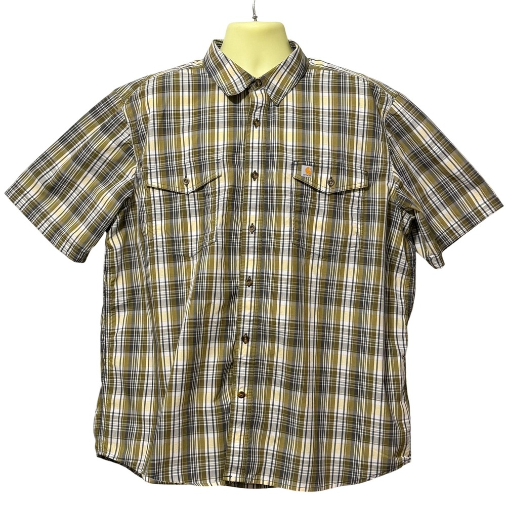 Carhartt Force Mens 2XL Relaxed Fit Plaid Short Sleeve Button Down Shirt Green